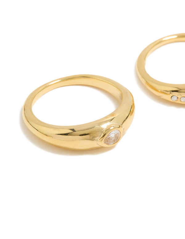 Waterproof Gold Plated Stainless Steel Bezel Set Cubic Zirconia Rings 2-Pack