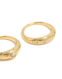 Waterproof Gold Plated Stainless Steel Bezel Set Cubic Zirconia Rings 2-Pack - link has visual effect only