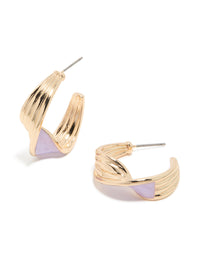 Showcasing gold lilac enamel twisted hoop earrings with floral featuring front view - link has visual effect only
