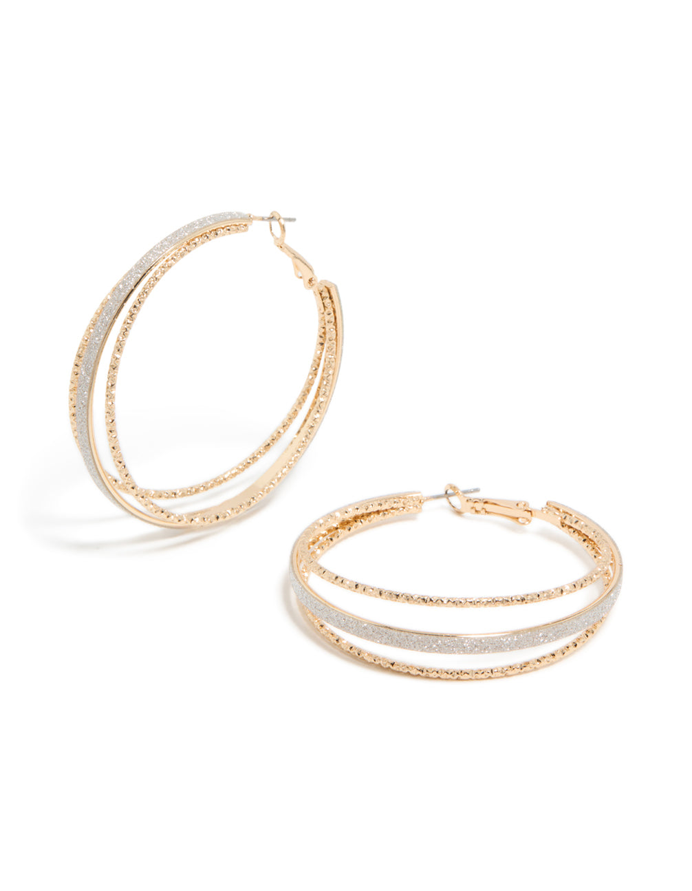 Featuring textured split glitter hoop earrings in gold with statement style front view