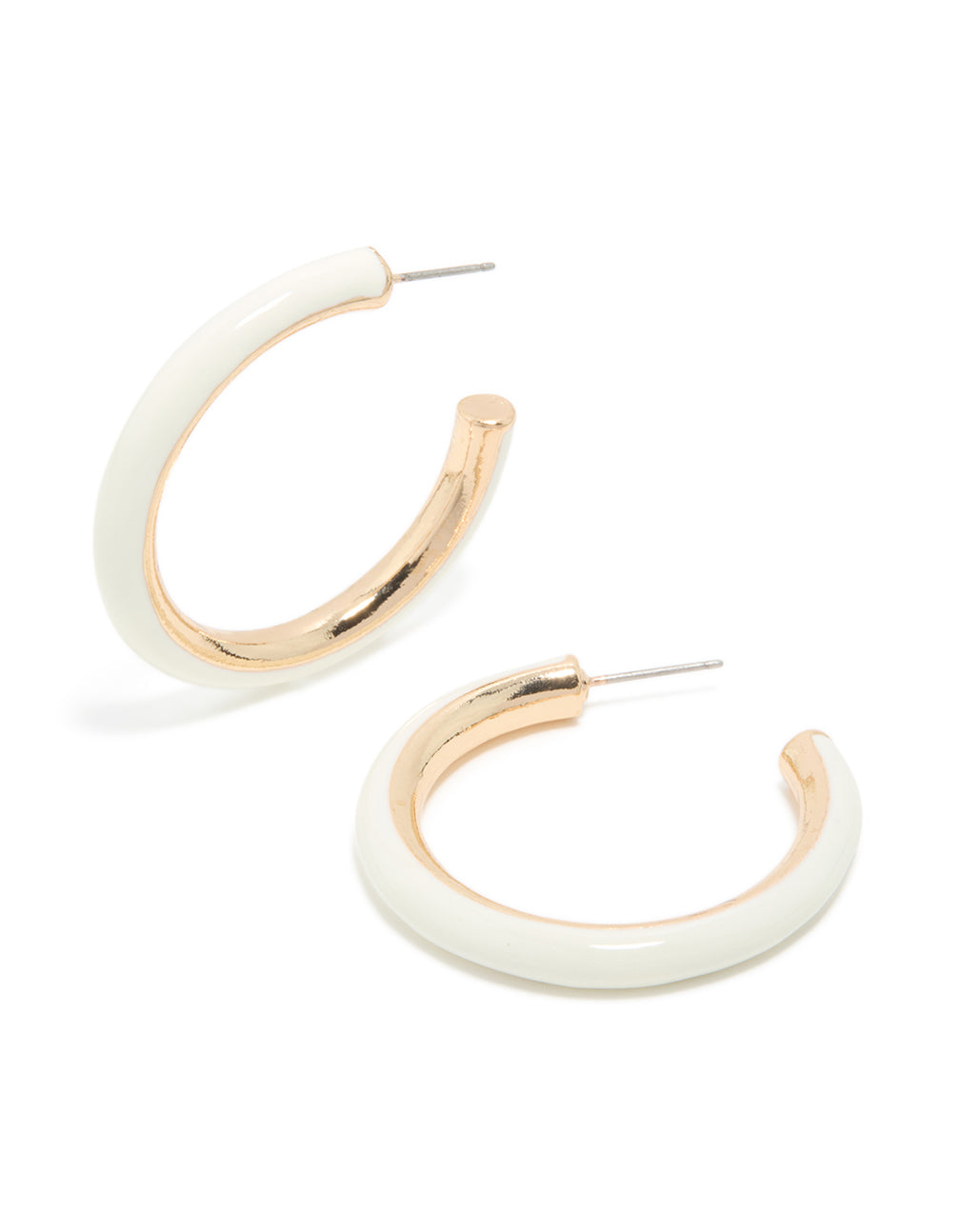 Showcasing statement hoop earrings in gold with ivory acrylic finish front view