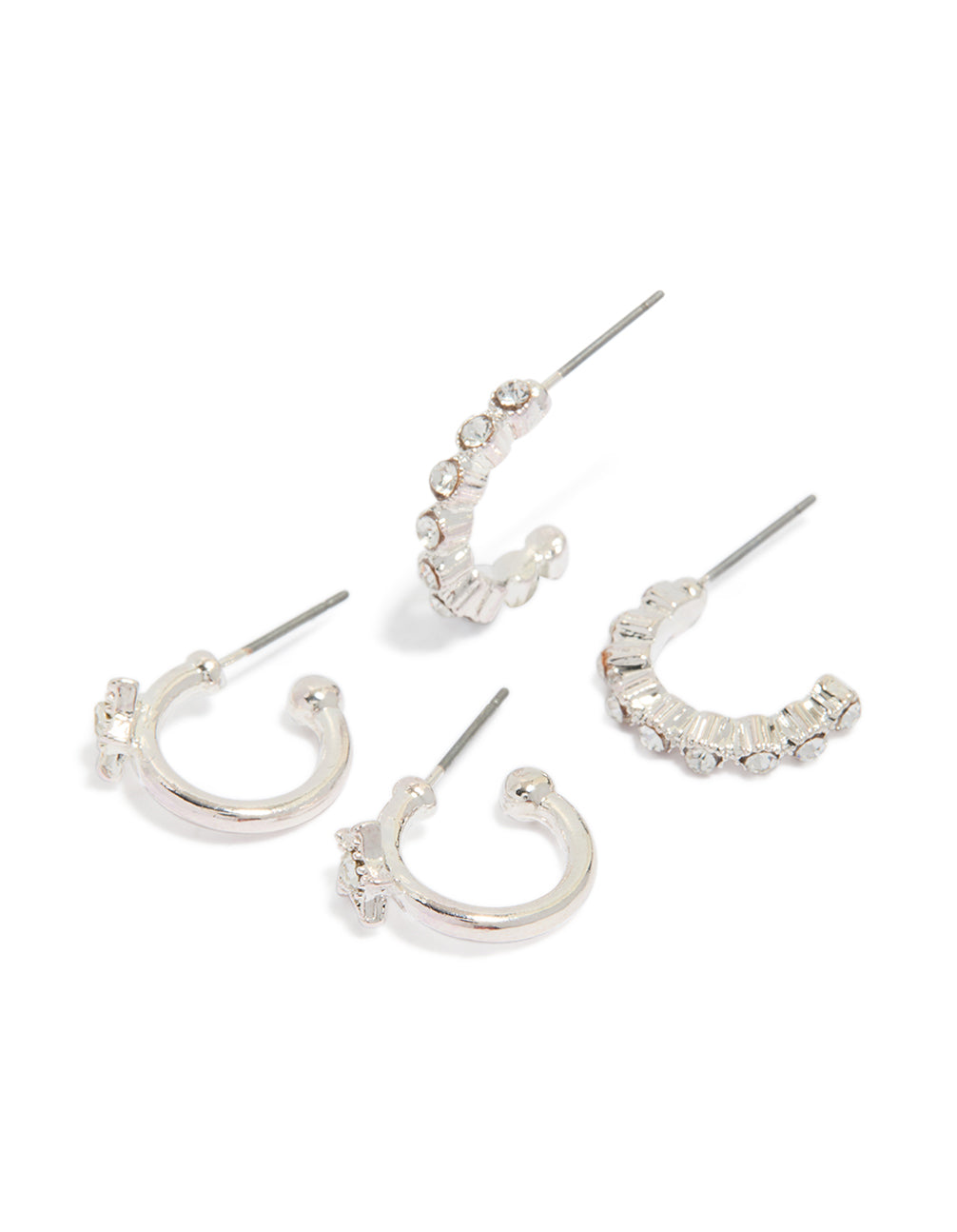 Showcasing celestial star diamante hoop earrings in a 2-pack with silver finish front view