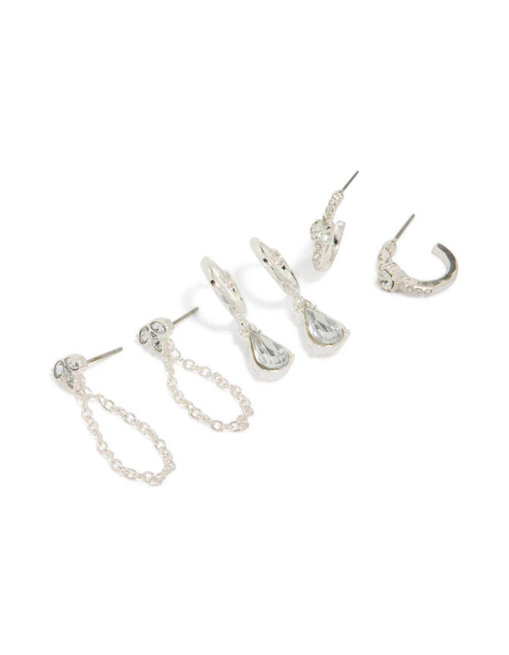 Discover this silver mixed diamante and chain earrings 3-pack with huggie and stud closures front view