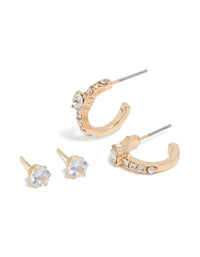 Showcasing a gold diamante hoop and stud earrings 2-pack front view - link has visual effect only