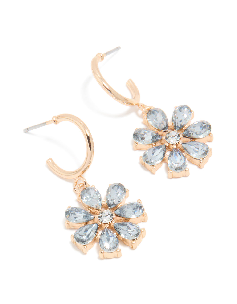 Showcasing gold blue diamante flower hoop earrings in light blue and silver front view