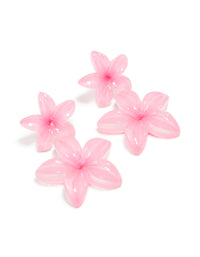 Showcasing statement drop earrings with acrylic frangipani flowers in a pink color front view - link has visual effect only
