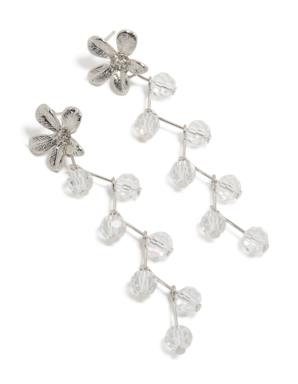 Elegant statement drop earrings with floral charm, beads accents in silver front view