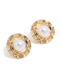 Presenting gold textured outer pearl stud earrings featuring with white accents and stud closure front view - link has visual effect only
