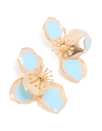 Showcasing gold and blue half flower stud earrings front view - link has visual effect only
