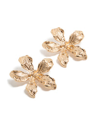Showcasing statement stud earrings with floral design in gold front view - link has visual effect only