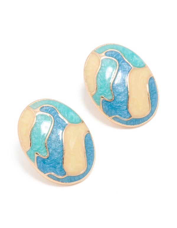 Showcasing oval stud earrings with blue enamel ocean design in gold featuring turquoise and light accents front view