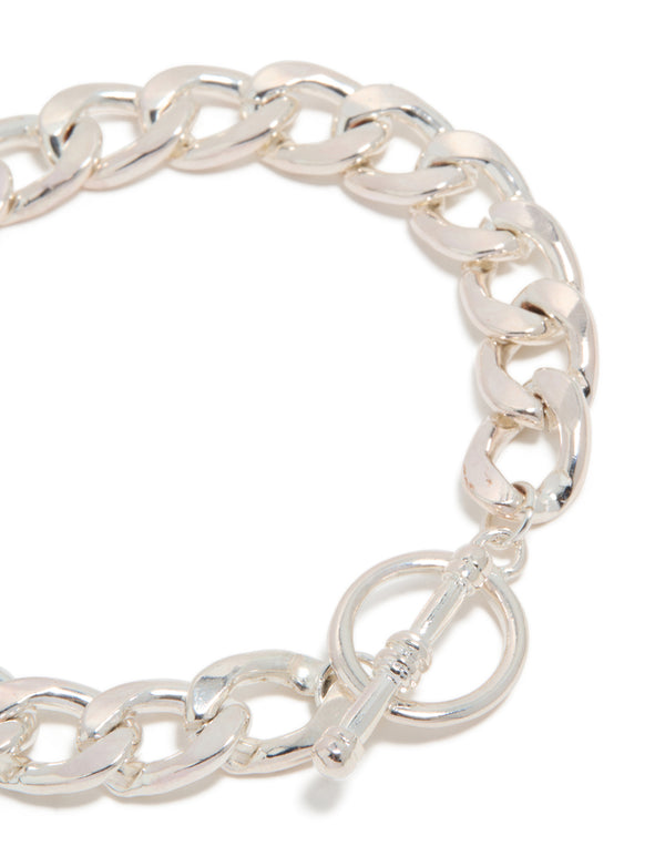 Featuring a silver chunky T-bar bracelet with bar detailing closure detail view