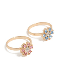 Showcasing floral statement rings in gold with pink and blue diamante flowers, 2-pack front view - link has visual effect only