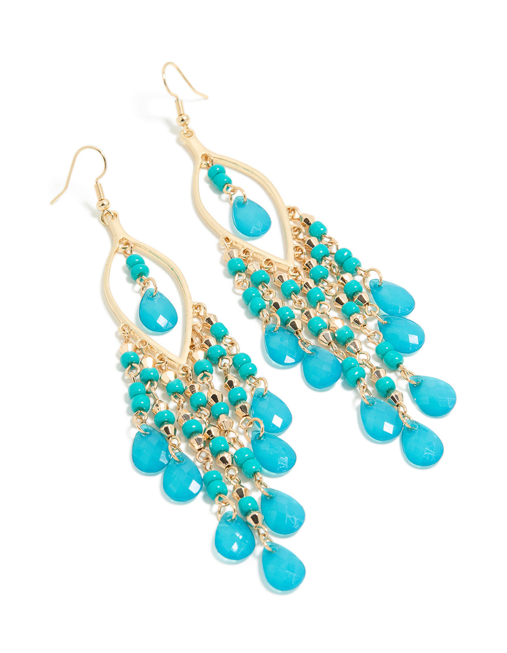 Showcasing gold blue beaded oval fish hook drop earrings featuring charm details with turquoise stones front view