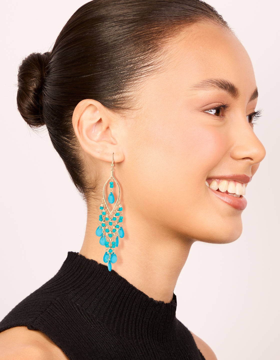 Gold Blue Beaded Oval Fish Hook Drop Earrings
