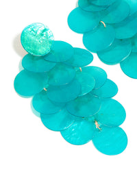 Showcasing aqua blue shell effect drop earrings with ocean-inspired statement design in turquoise close up view - link has visual effect only