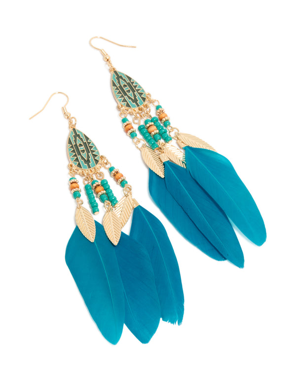 Beautifully crafted blue feather and beaded drop earrings featuring leaf accents in teal, gold, dark turquoise, and peru tones, statement accessories front view