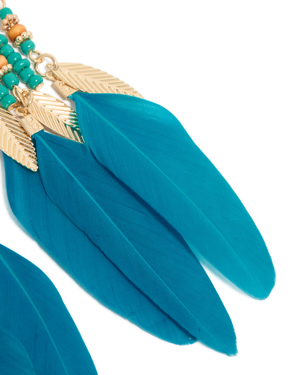 Showcasing blue feather and beaded drop earrings with leaf accents in teal, gold, dark turquoise, and peru shades, statement accessories post detail view