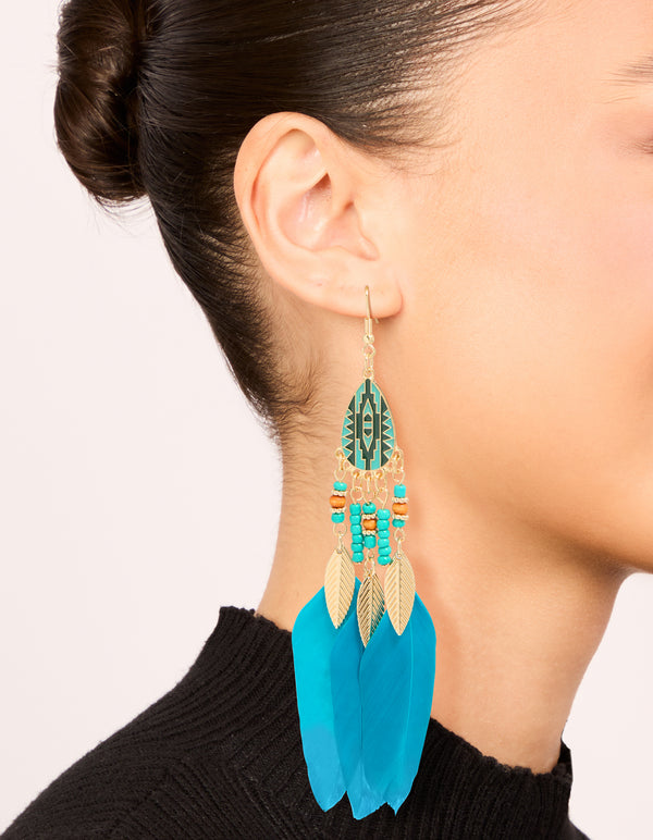 Blue Feather & Beaded Drop Earrings