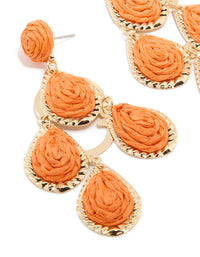 Displaying orange paper teardrop earrings in coral with statement gold detailing close up view - link has visual effect only