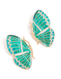 Showcasing dainty gold aqua enamel butterfly stud earrings featuring turquoise and clear stones front view - link has visual effect only