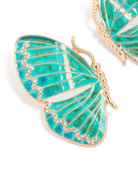 Discover dainty gold aqua enamel butterfly stud earrings featuring turquoise and clear stones close up view - link has visual effect only