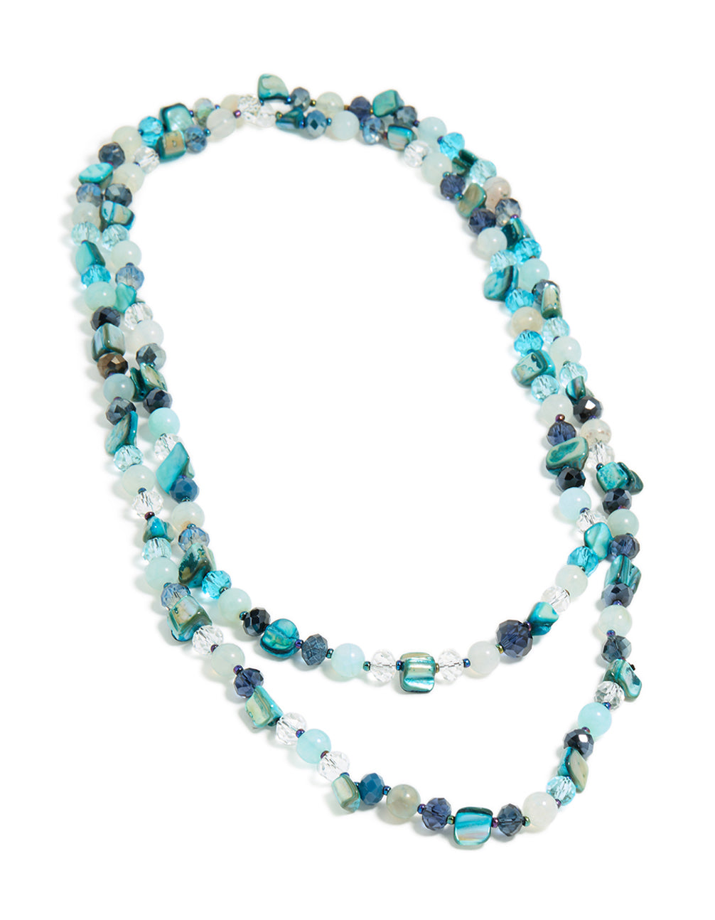 Designed with irregular double layered statement styling, featuring beads and ocean motifs in turquoise, navy, pale turquoise, and teal front view