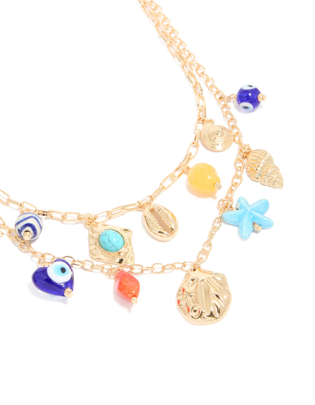 Beautifully crafted evil eye and sea charm layered necklace featuring beads, ocean-inspired shell designs, and turquoise accents in gold close up view
