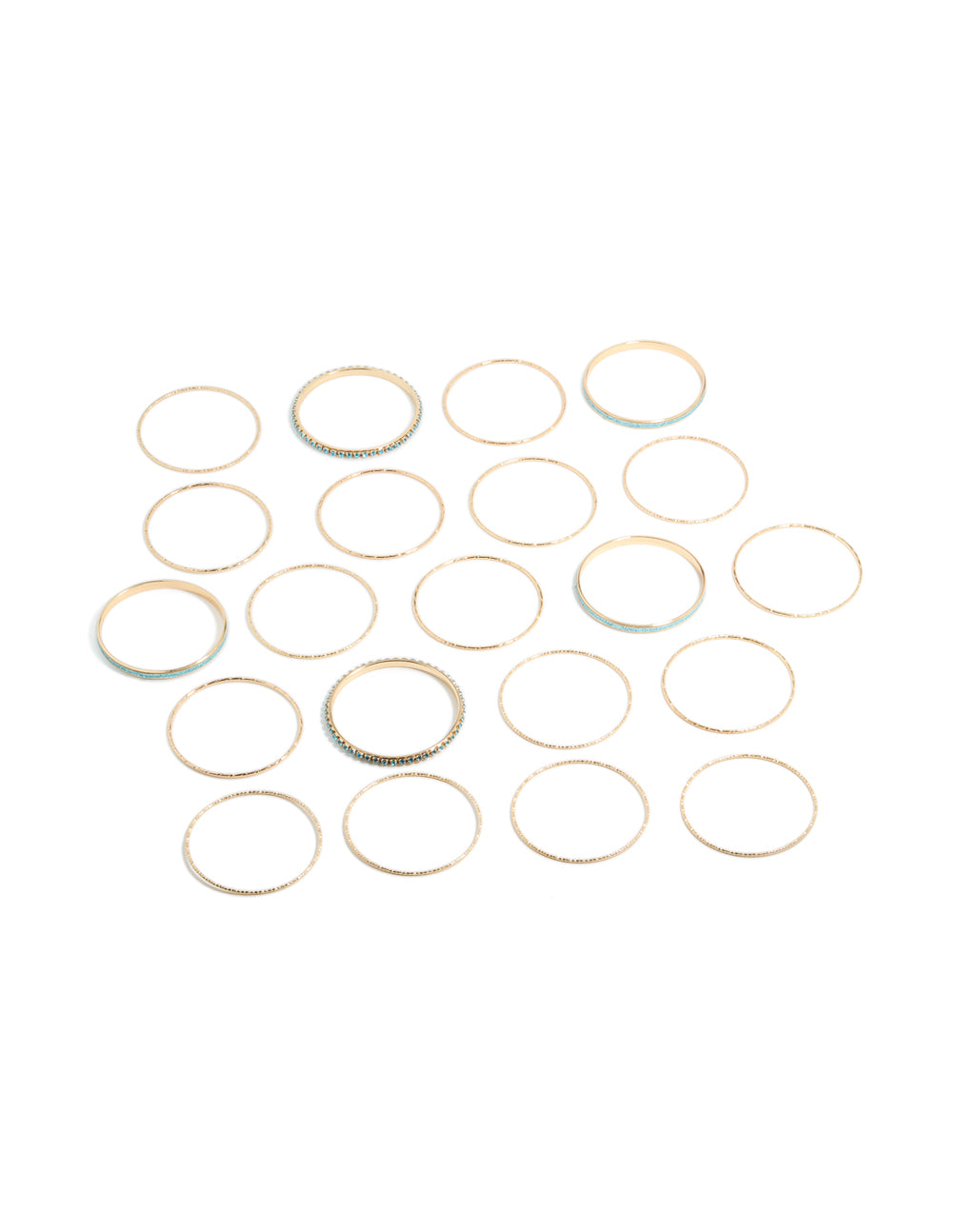 This 21-pack features glitter bangles in gold and turquoise front view