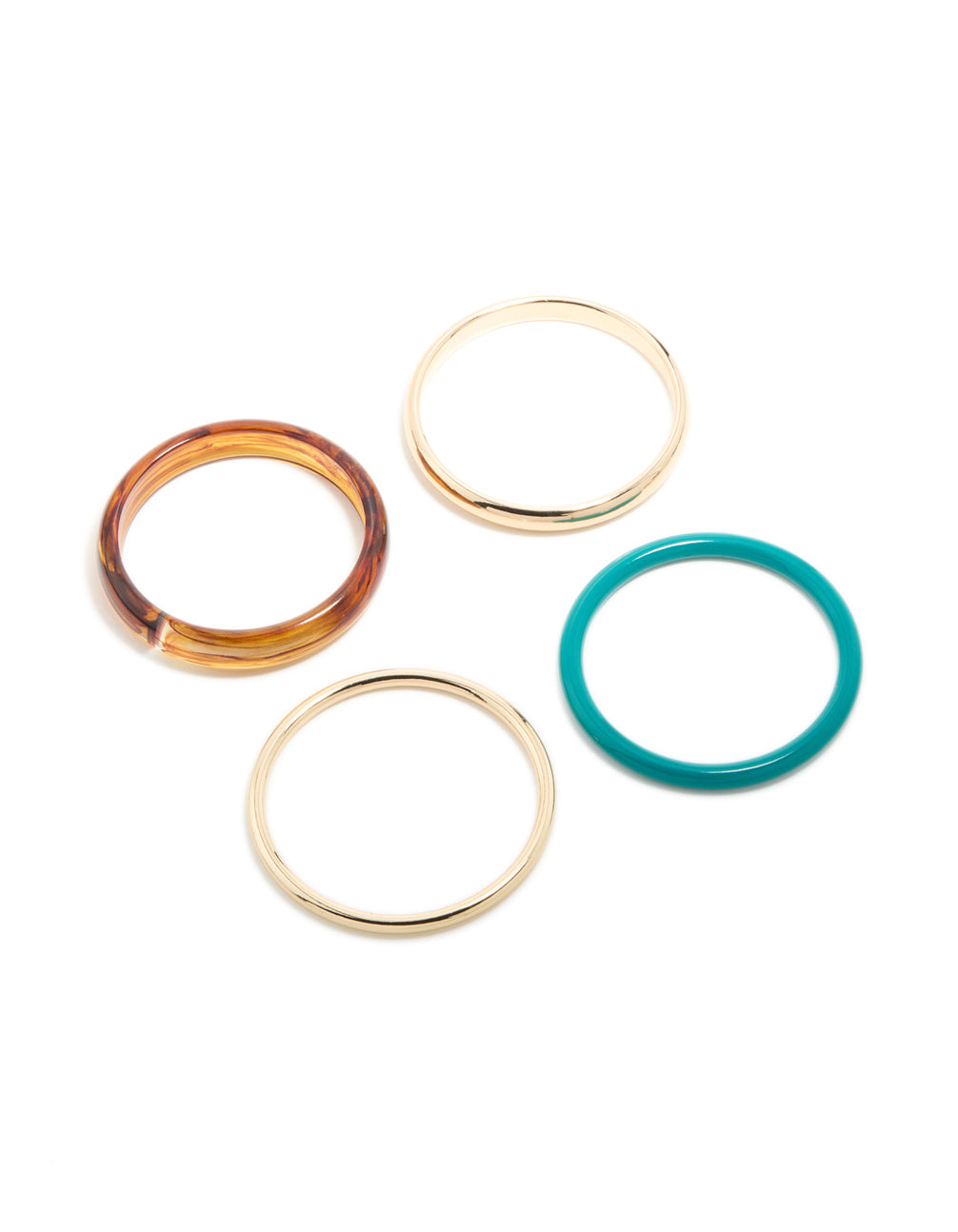 Featuring gold, brown and blue acrylic bangles in a 4-pack front view