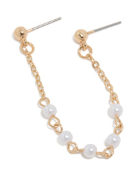 Showcasing a gold pearl chain link stud earring with featuring white accents and closure detail front view - link has visual effect only
