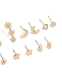 Showcasing gold diamante earrings 7-pack featuring ball star and moon designs with glitter accents and stud closure close up view - link has visual effect only