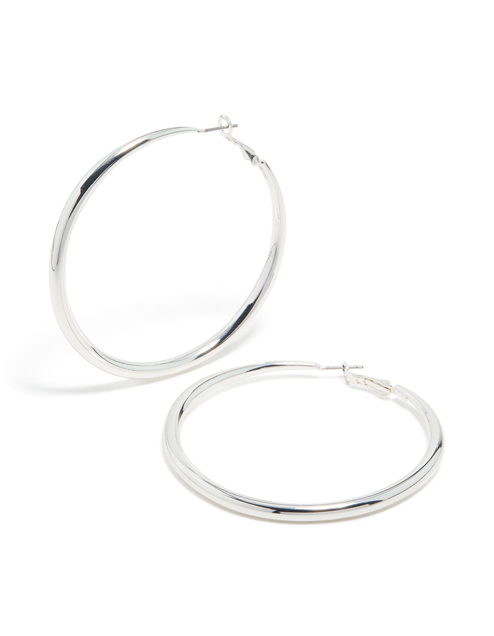 Featuring silver plated dome hoop earrings with closure in silver front view