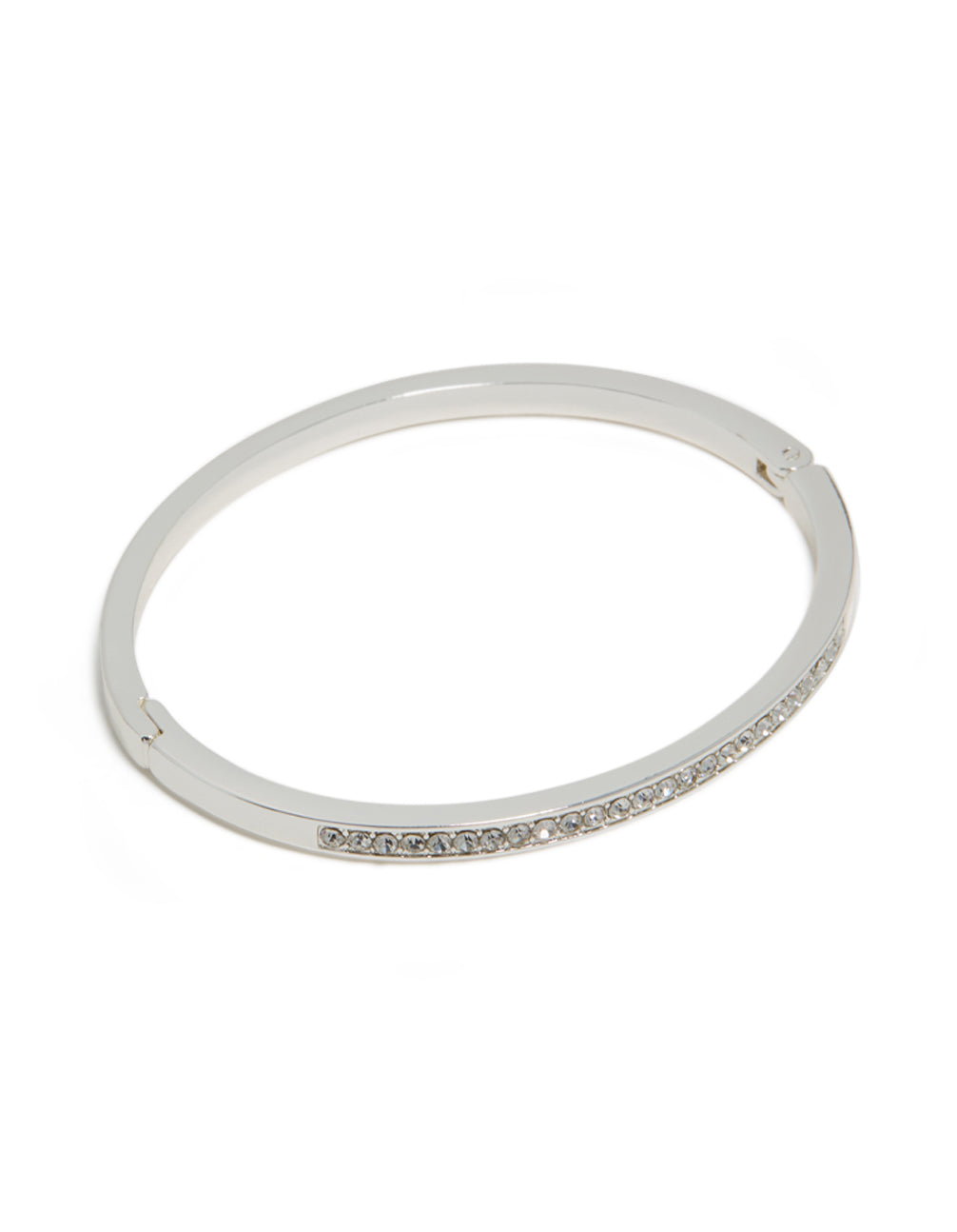 Elegant silver plated bezel diamante tennis bracelet in white front view