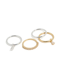 Showcasing a mixed metal plated organic cubic zirconia rings 4-pack with charm in gold and silver front view - link has visual effect only