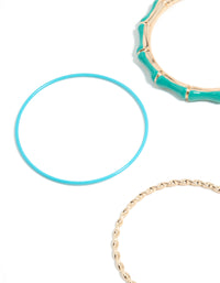 Crafted enamel statement chunky bangles in gold turquoise and aqua close up view - link has visual effect only