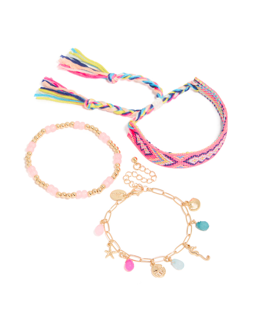 Featuring gold pink beaded and sea charm bracelets in a 3-pack with ocean and tassel details crafted from cord front view