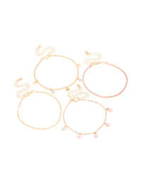 Featuring gold pink flower charm bracelets in a 4-pack front view - link has visual effect only