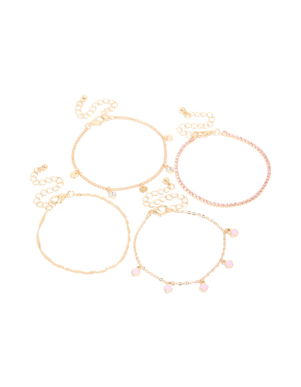 Featuring gold pink flower charm bracelets in a 4-pack front view