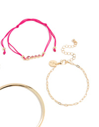 Designed with gold clover and hot pink cord bracelets in a 4-pack featuring floral details, light pink accents, and bangle styles closure detail view - link has visual effect only
