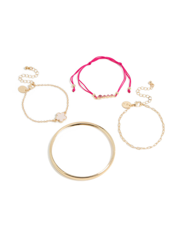 Showcasing gold clover and hot pink cord bracelets in a 4-pack featuring floral details with light pink accents and bangle styles front view