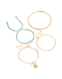 Featuring a gold turquoise stone bangle and cord bracelets 4-pack with coin accents front view - link has visual effect only