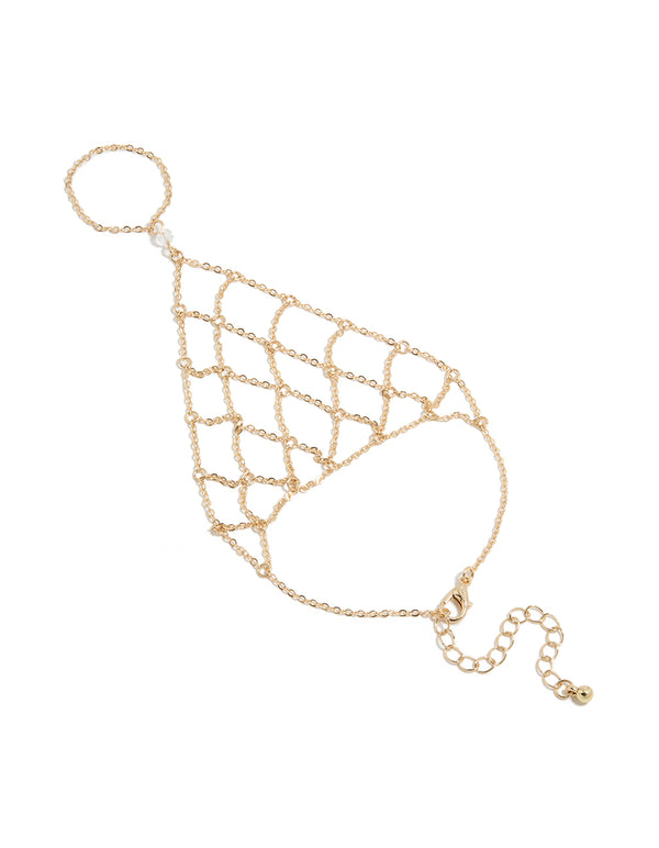 Discover this statement gold mesh hand chain bracelet in a front view