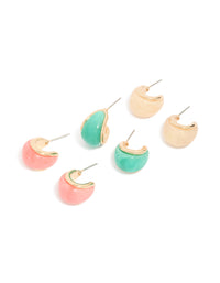 Featuring a set of light pink and blue enamel bubble hoop earrings in a 3-pack with gold finish front view - link has visual effect only