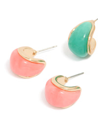 Showcasing light pink and blue enamel bubble hoop earrings in a 3-pack with gold finish close up view - link has visual effect only