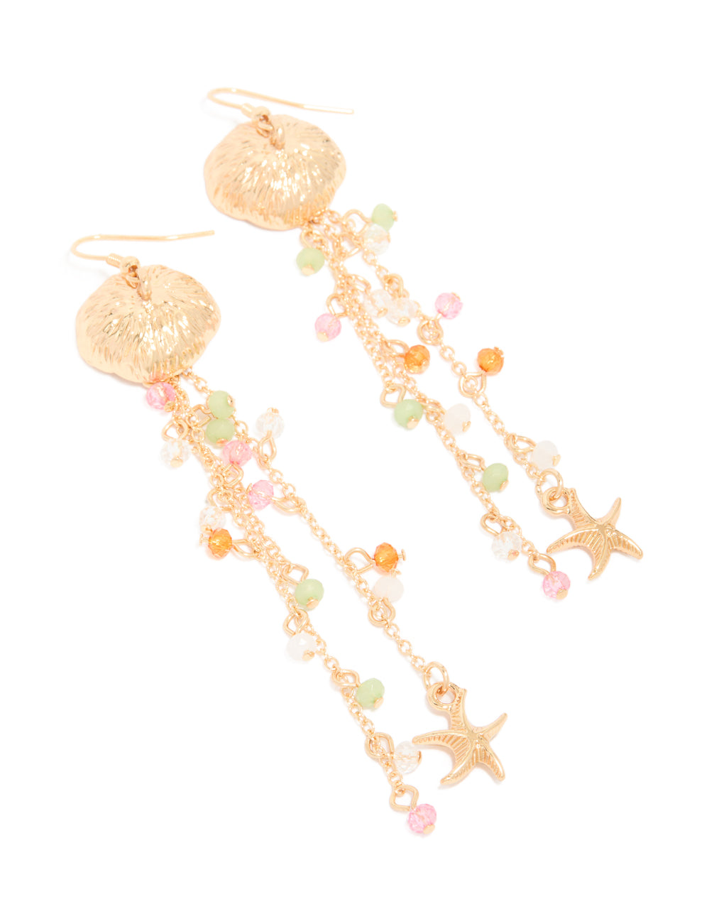 Beautifully crafted gold jellyfish beaded fish hook earrings featuring ocean charms with tassel, beads accents in pink, pale green, and orange front view