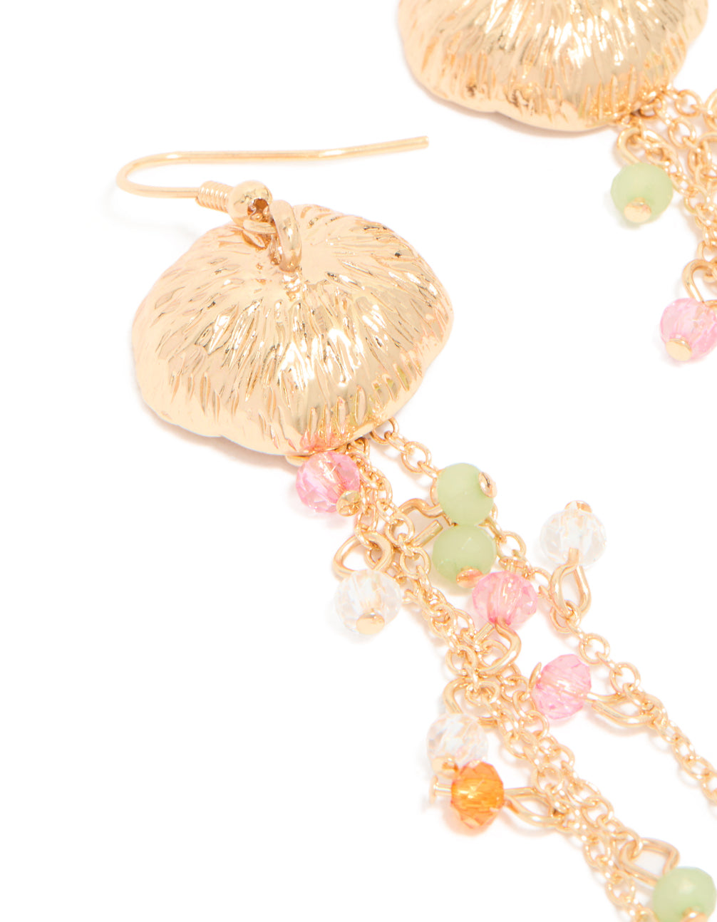 These gold jellyfish beaded fish hook earrings showcase and charms with tassel, beads detailing in pink, pale green, and orange close up view