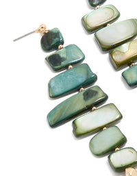 Elegant dark green acrylic irregular shaped drop earrings crafted with beads in teal, pale green, and gold close up view - link has visual effect only