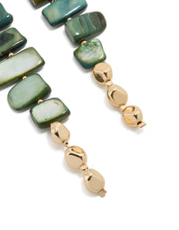 Stunning dark green acrylic irregular shaped drop earrings designed with beads in teal, pale green, and gold post detail view - link has visual effect only