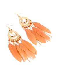 Showcasing statement drop earrings with beads, feathers design in gold and coral front view - link has visual effect only